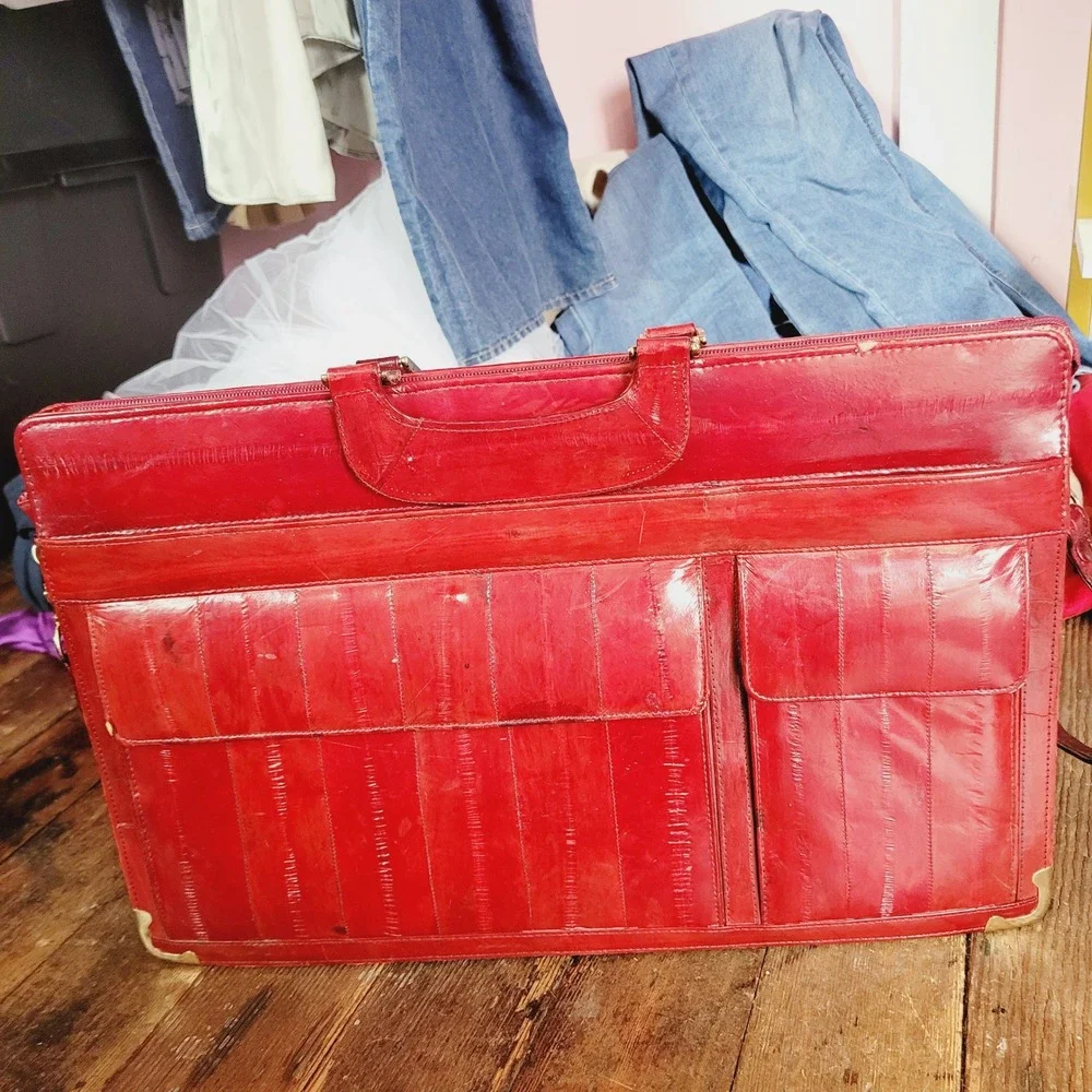 Vintage Red Eel‎ Skin Briefcase Laptop Bag Shoulder Career Business 1980s Retro
